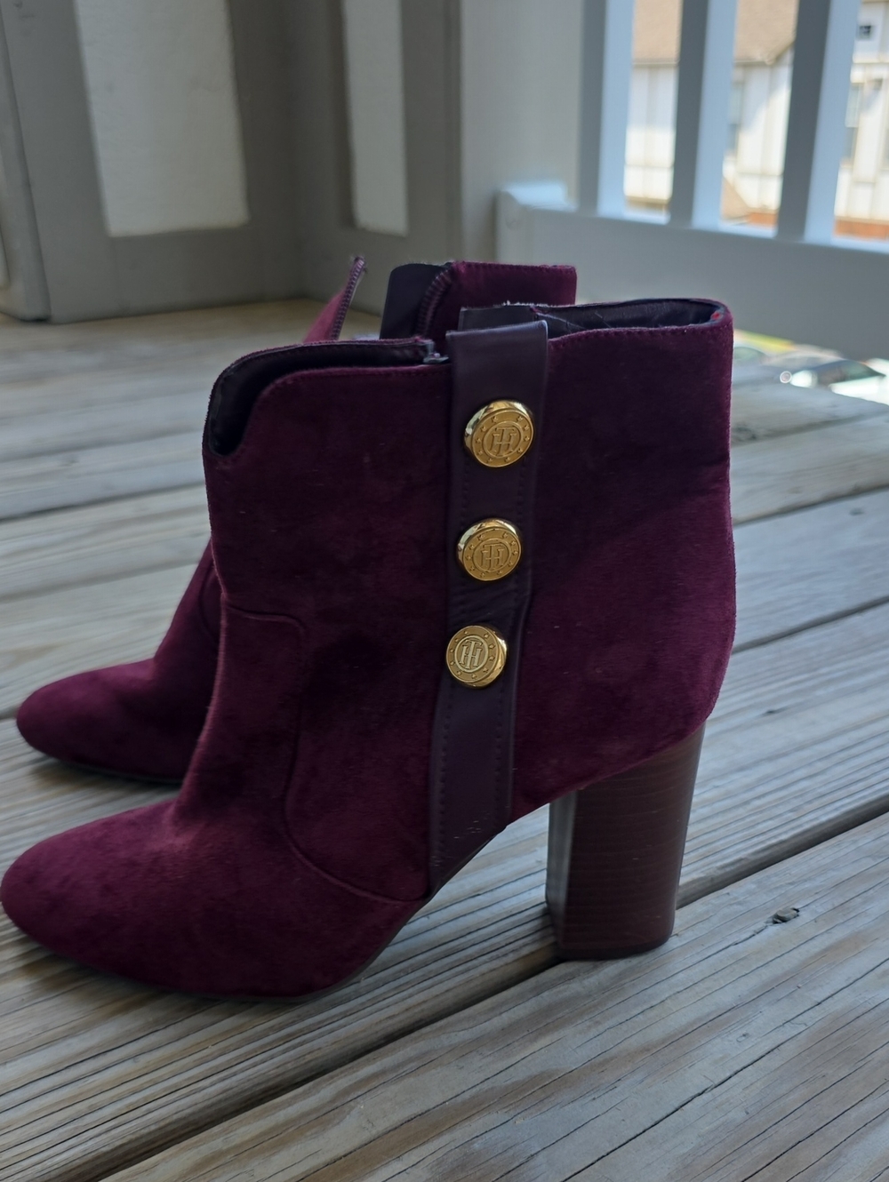 Tommy Hilfiger Burgundy Suede Ankle Booties with Gold Buttons